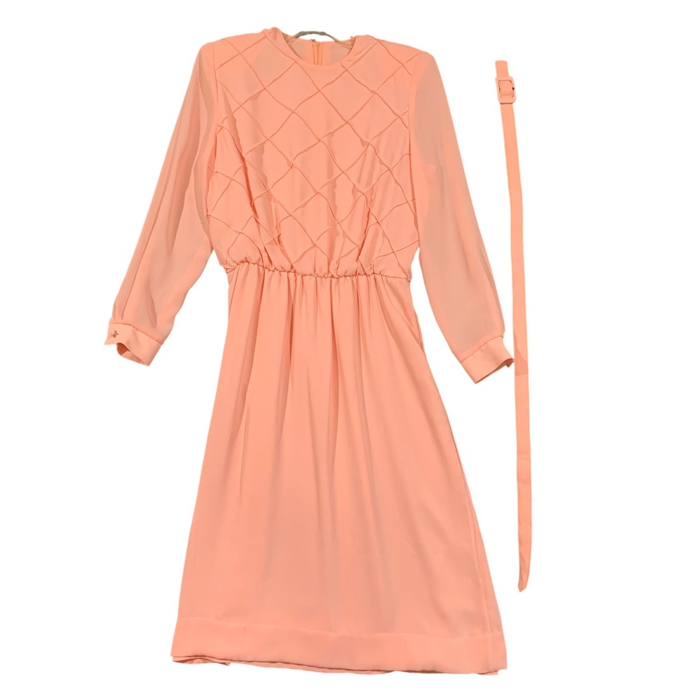 Mountain Home Midi Dress Women 8 Pink Lattice Pintuck Long Sleeve Vintage Retro